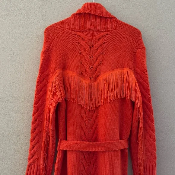 Understarted Leather Rodeo Duster Cardigan Sweater Med Orange Fringe Western - Picture 13 of 16